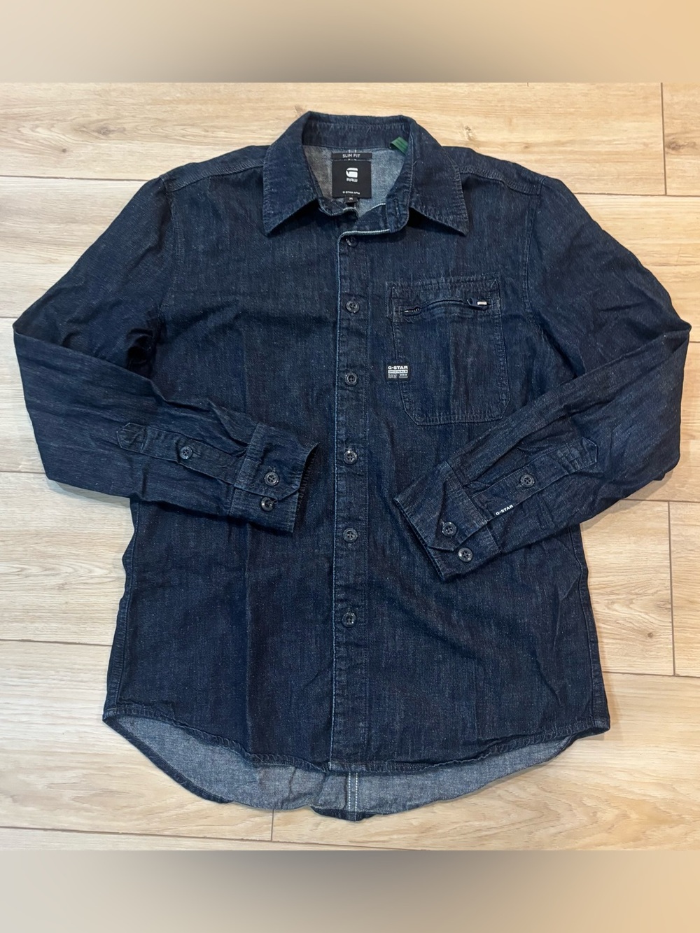 G-Star Raw Men’s Blue Denim Chambray Slim Fit Zip Pocket Shirt Medium M Mint
